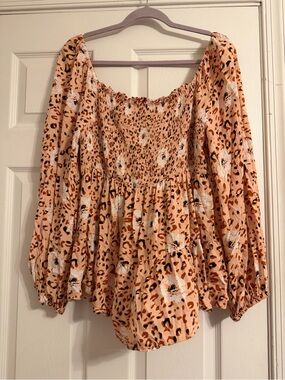 Smocked Peach Floral & Leopard Print Peasant Top